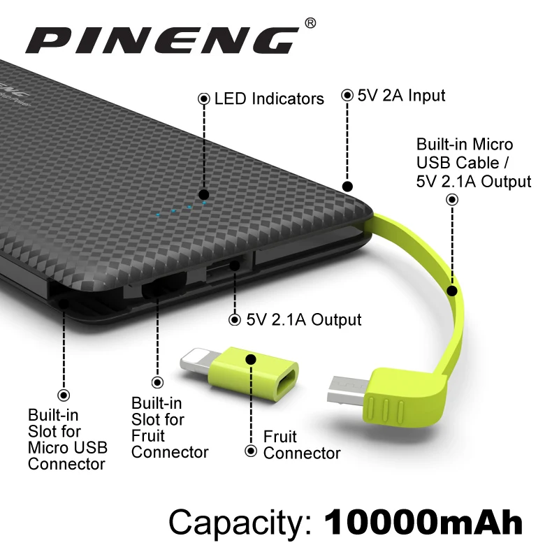 Оригинал Pineng power Bank 10000 мАч Внешняя батарея Pn 951 Портативное Мобильное быстрое