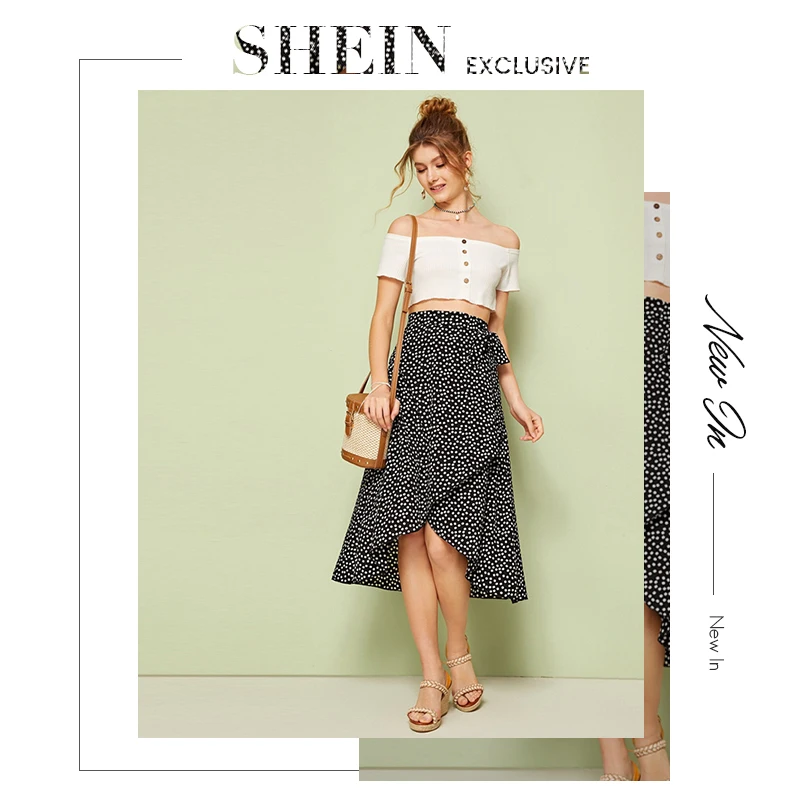 SHEIN, черная юбка с цветочным узором и бантом, бохо, Женская юбка, лето, для праздника, высокая талия, Алин, миди юбки для женщин