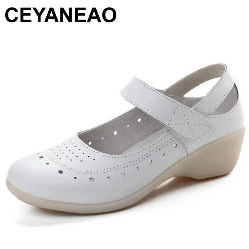 

CEYANEAOWomen Genuine Leather Nurse Shoes Fashion Round Toe Cut-outs Mary Jane Women Wedges Work Shoes Cross StrapWomen Pumps