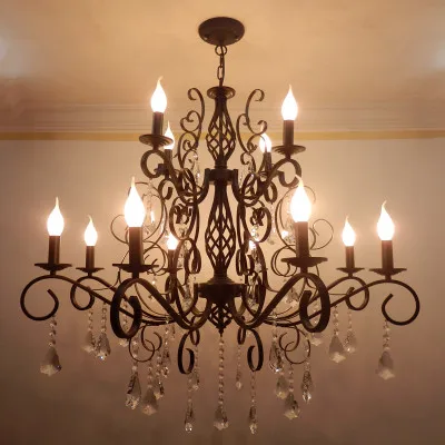 12 light Европейская Свеча Люстра Освещение Гостиная кованого железа led хрустальная люстра магазин одежды Личность черные люстры - Цвет абажура: 12 light