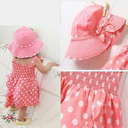 Девочка Розовый Точка Экипировка Костюм 3 шт. Dress + Трусики Шляпа Набор Детей