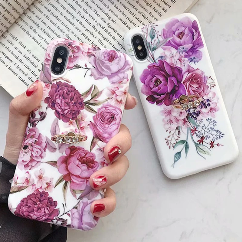 Роскошное кольцо на палец держатель цветочный чехол для телефона iPhone 8 7 6 6S Plus X XR XS