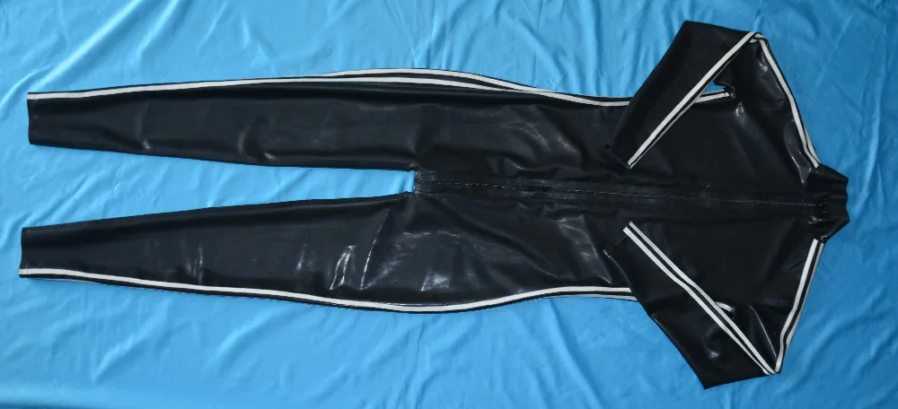 Verkauf Heißer Verkauf Mode Männer 3 Weiß Streifen Latex Catsuit Rubber Body Gummi 0,4mm Overall W Vordere Gabelung Zipper Hot Verkauf