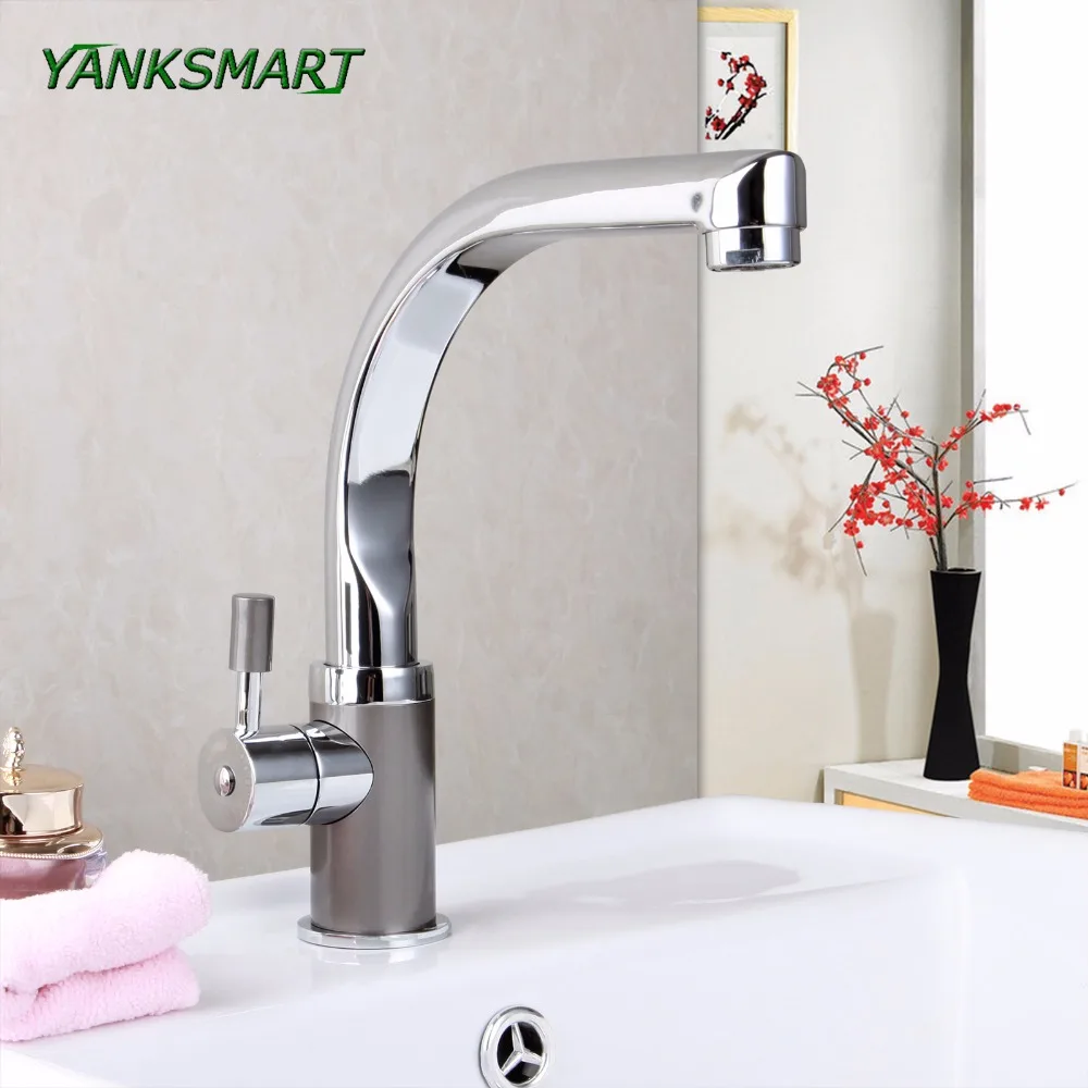 

YANKSMART Bathroom Basin Swivel Faucet Chrome & Grey Painting Deck Mounted Single Handle Faucet Cold & Hot Mixer Water Tap