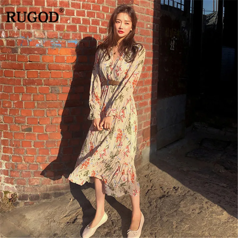 RUGOD-винтажное женское длинное платье с цветочным принтом и рукавами-фонариками