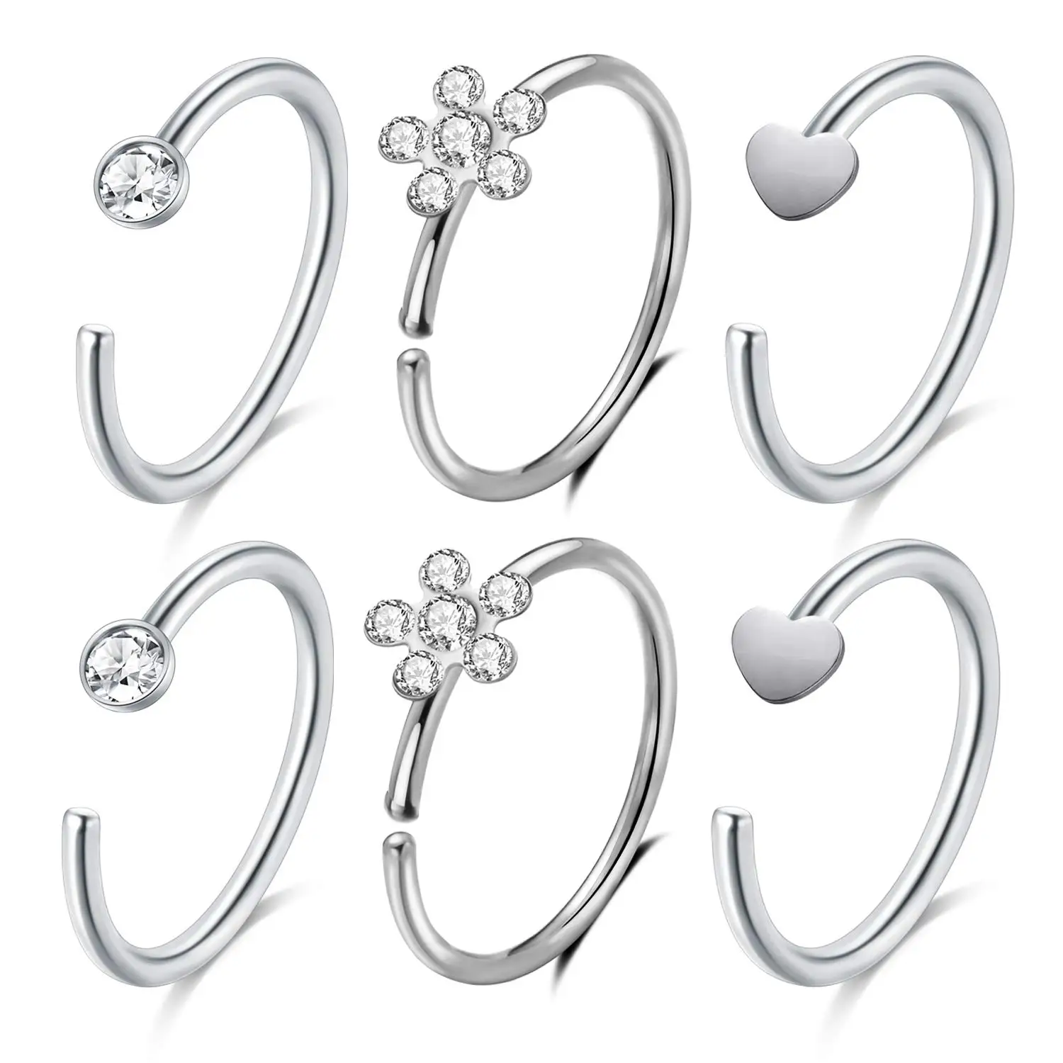 

JFORYOU Nose Rings Hoop Cartilage Hoop Helix Earrings Stainless Steel Heart CZ Flower Top Ear Tragus Piercing 20G