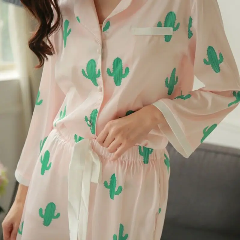 CFYH 2018 New Fashion Spring Summer cactus pattern Comfortable pajamas silk satin two piece suit | Женская одежда