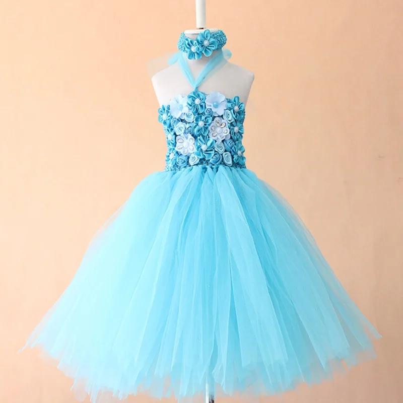 turquoise flower petal tutu dress for baby girls summer handmade gorgeous babies birthday party photo props soft gown | Детская одежда