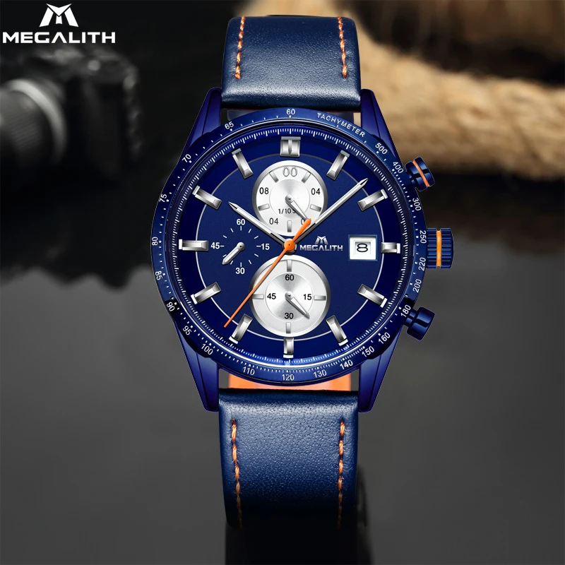 Часы MEGALITH мужские спортивные водонепроницаемые с кожаным ремешком кварцевые
