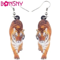 bonsny acrylic elegant walking tiger earrings big long dangle drop fashion jewelry for women girl ladies jungle animal wholesale
