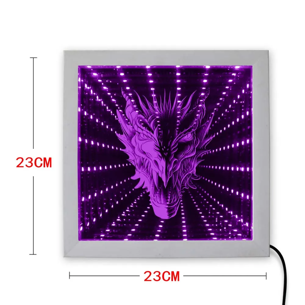 Mythical Beast Dragon Head LED Infinity Mirror Frame Gothic Stunning Optical Illusion Color Change Lighting Wood |
