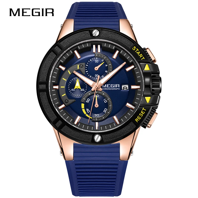 RoseGold MEGIR Роскошные Лидирующий бренд модные часы для мужчин силиконовый хронограф кварцевые спортивные мужские часы Militar Reloj Hombre Relogio Masculino - Цвет: RoseGold