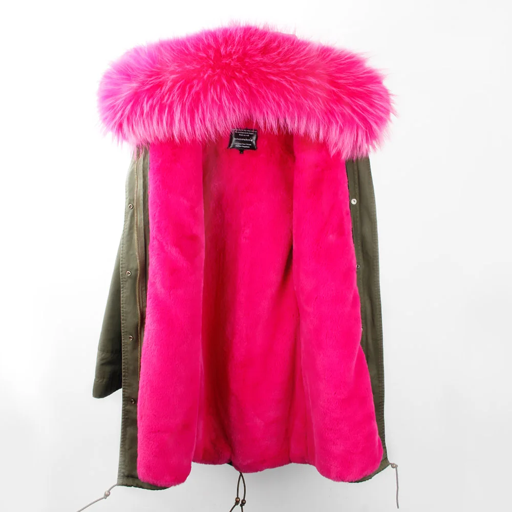 Green rose fur Бренд, женская зимняя куртка, длинная, съемная подкладка, армейский зеленый цвет, парка, большая, натуральный мех енота, пальто с капюшоном, верхняя одежда - Цвет: Green rose fur