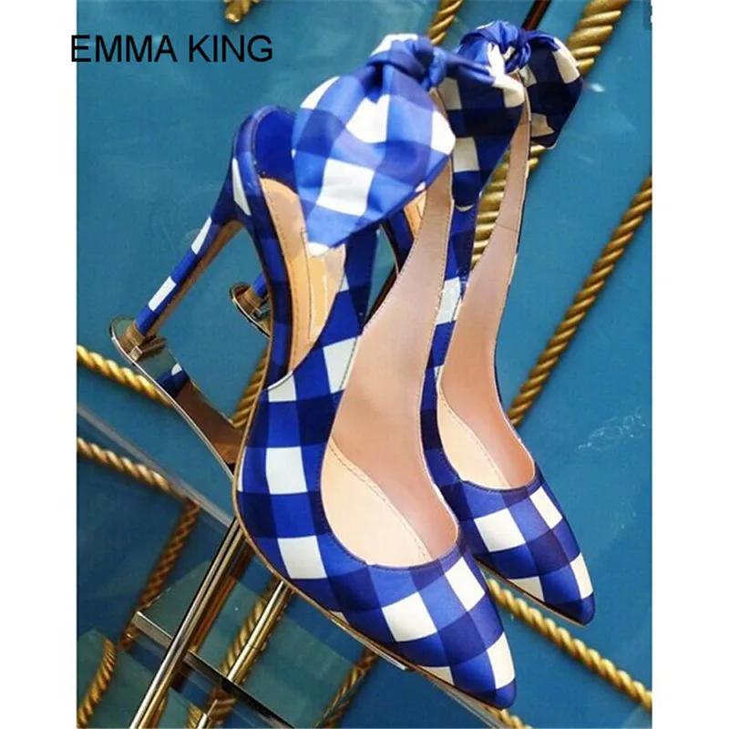 Emma king/женские туфли лодочки на тонком высоком каблуке с острым носком в клетку