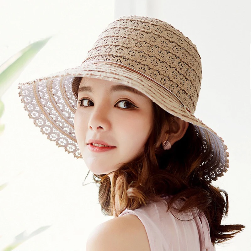 

Mingjiebihuo Korean version of the lace hollow hat female spring and summer wild folding sunscreen sunshine beach hat