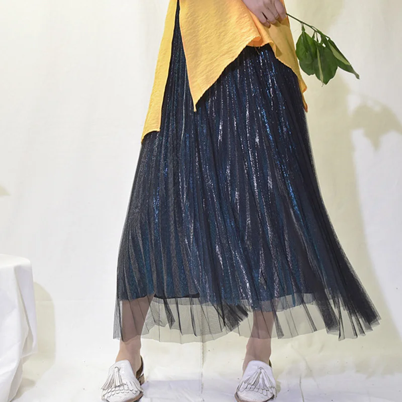 Women's 3 Layer Bright Tulle Skirt Ladies Korean High Waist Shining Tutu Skirt Pleated Mesh Midi Skirts Faldas Autumn