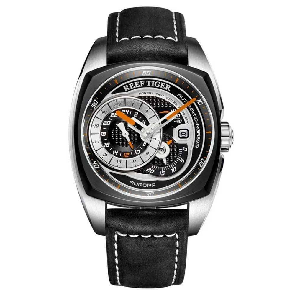 Reef Tiger RGA3319 модные спортивные часы из натуральной кожи ремешок мужские водонепроницаемые автоматические наручные часы Seld-wind-черный
