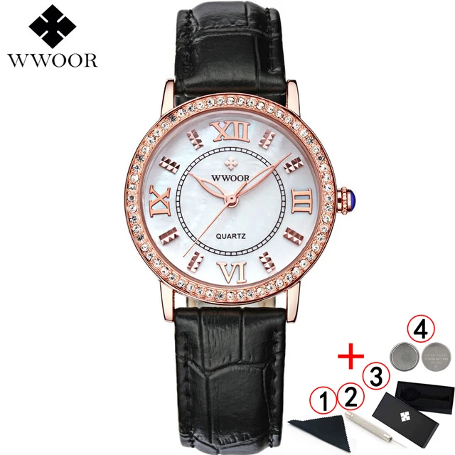 black gold box WWOOR платье часы для женщин Топ люксовый бренд Модные кожаные часы со стразами женские наручные часы красные часы Bayan Kol Saati - Цвет: black gold box