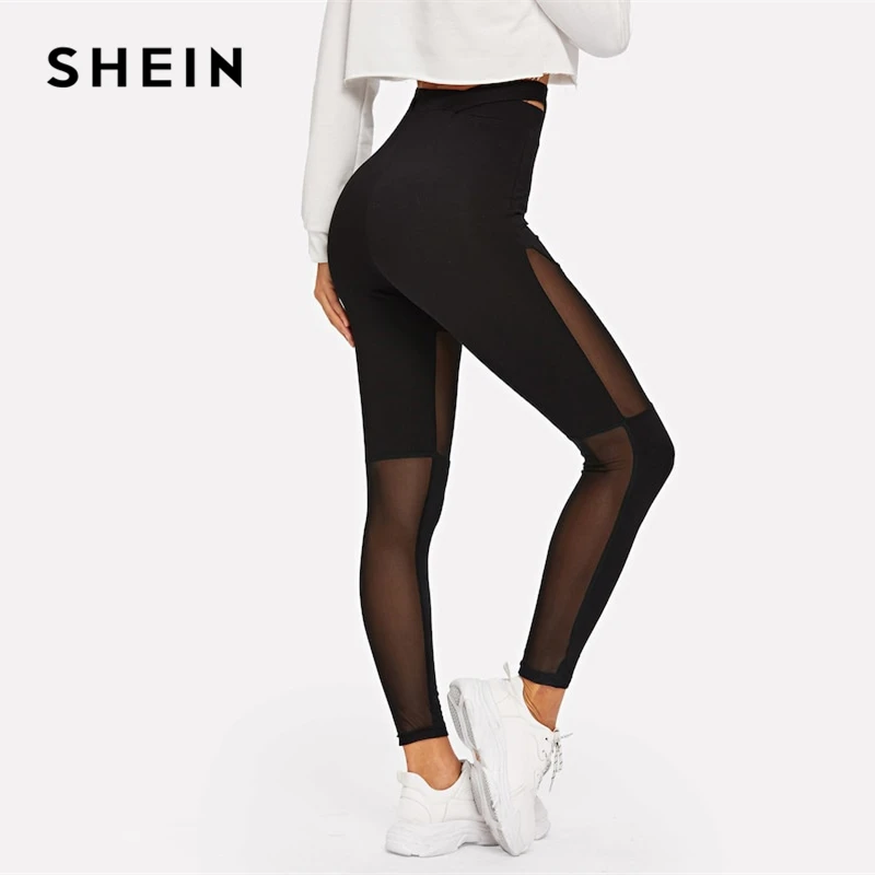 SHEIN Контрастные Сетчатые Однотонные Леггинсы, Леггинсы С Прозрачными Вставками, Стильные Спортивные Леггинсы