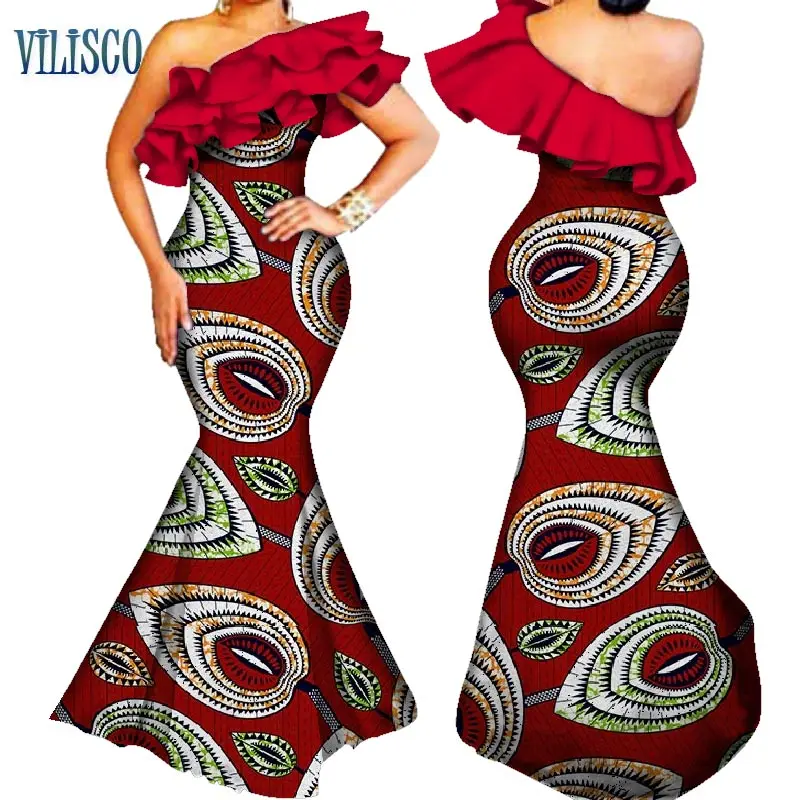 Африканские платья для женщин базин богатые оборки на одно плечо длинное платье