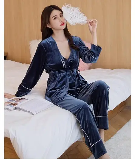blue grey Fdfklak pijama mujer, сексуальное женское белье, комплект из 3 предметов, женский зимний пижамный комплект, золотой бархатный теплый Пижамный костюм, Дамская пижама, пижама - Цвет: blue grey