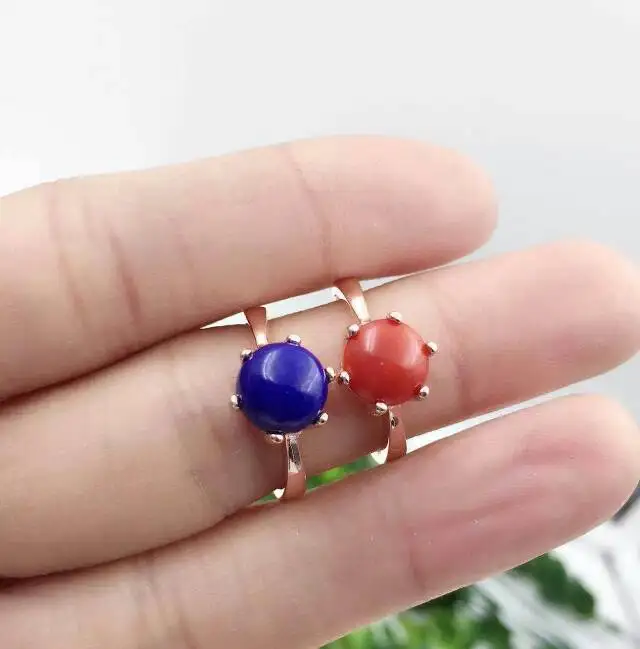 

Кольцо из натуральный голубой ляпис лазурита, натуральное кораллово-красное кольцо, серебро 925 пробы, Модные Элегантные Простые круглые жен...
