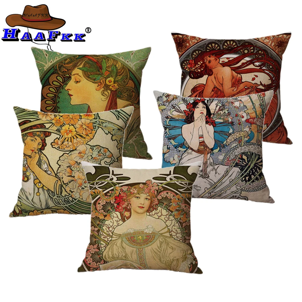 Vintage European Art Nouveau Mucha Gallery Decorative Sofa Pillow Cover Beautiful Beauty Girl Cotton Linen Luxury Cushion Cover