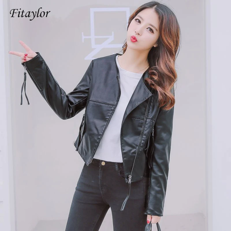 Fitaylor женские Куртки из искусственной мягкой кожи с отложным воротником и