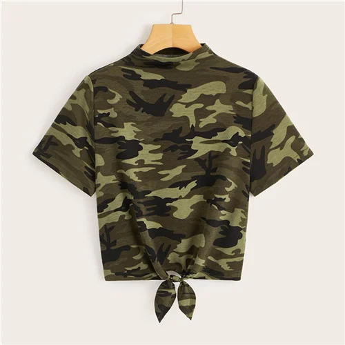 Multicolor SweatyRocks Футболка с воротником-стойкой и завязкой на талии камуфляжная Женская Повседневная футболка летние топы с коротким рукавом для отдыха женские футболки - Цвет: Multicolor