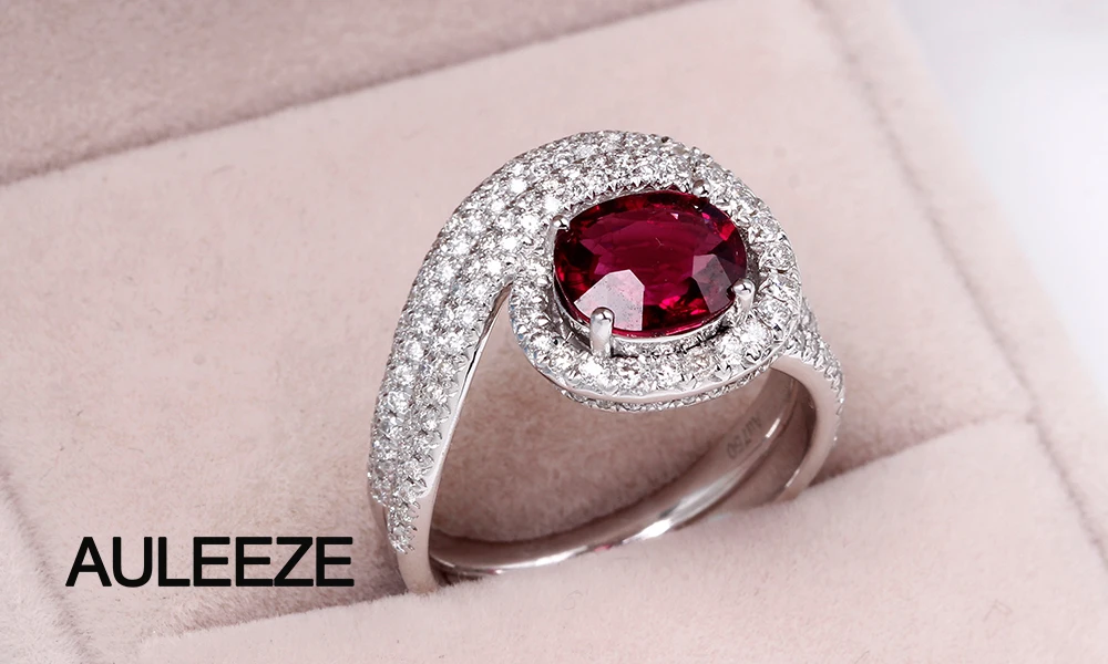 AULEEZE 1.5CT овальной огранки натуральный Rubellite красное кольцо с турмалином настоящий бриллиант 18 K белые золотые обручальные кольца для женщин ювелирные украшения