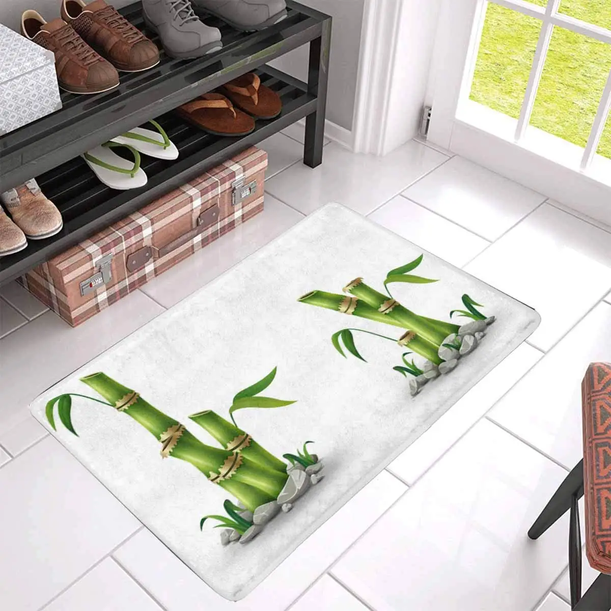 Зеленый бамбуковый стебли с листьями внутренний коврик нескользящий для входной