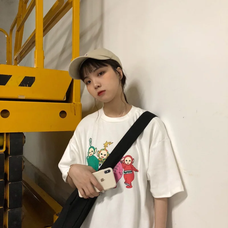 Женская футболка с принтом, Harajuku, белые футболки с коротким рукавом, модные уличные Стильные топы, молочный шелк, Повседневная Корейская одежда