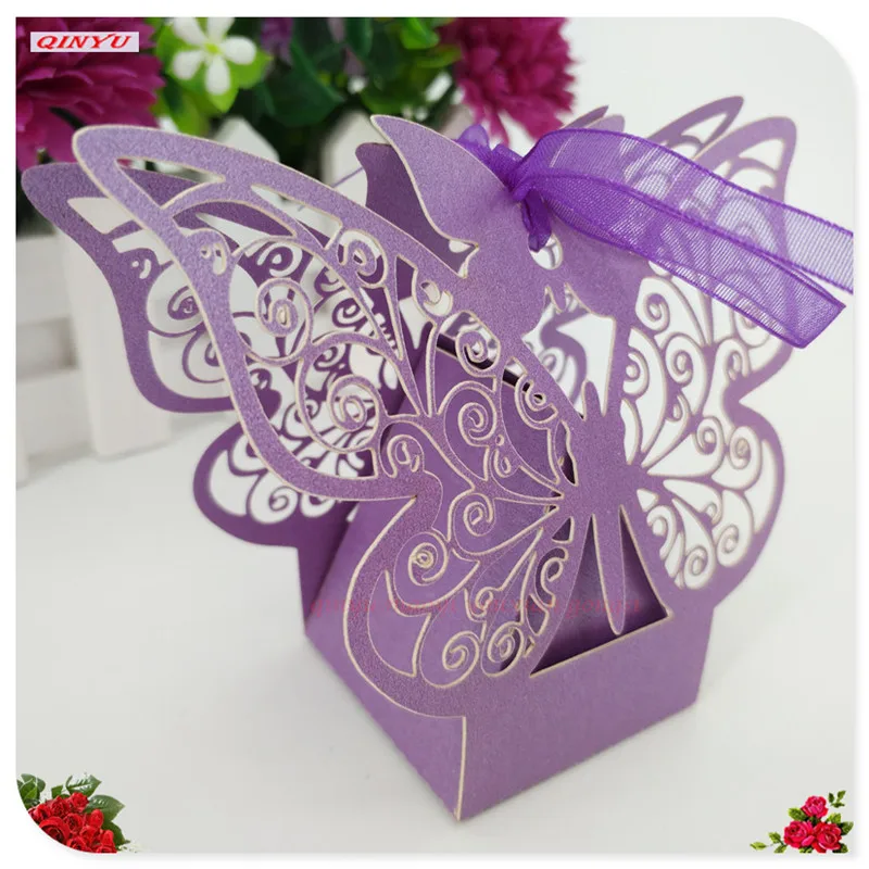 Light Purple 50 шт. коробка для сладостей с бабочкой коробка, вырезанная лазером коробка конфет на свадьбу подарок упаковка для шоколада картона Свадебные украшения 5Z SH112 - Цвет: Light Purple