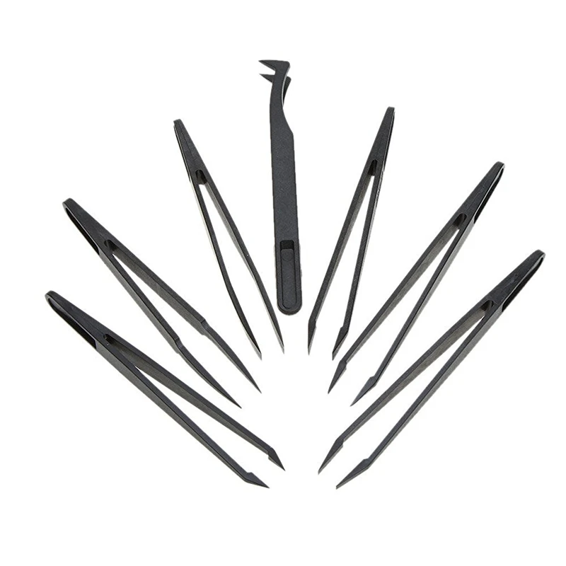 SHGO HOT-7pcs Black Plastic Antistatic Flat Bottomed Top End Tweezers Hand Tools Set | Инструменты