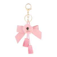 fashion flower 5 real pink fur pompom keychain car women handbag key chain ring fluffy puff ball keychains jewelry