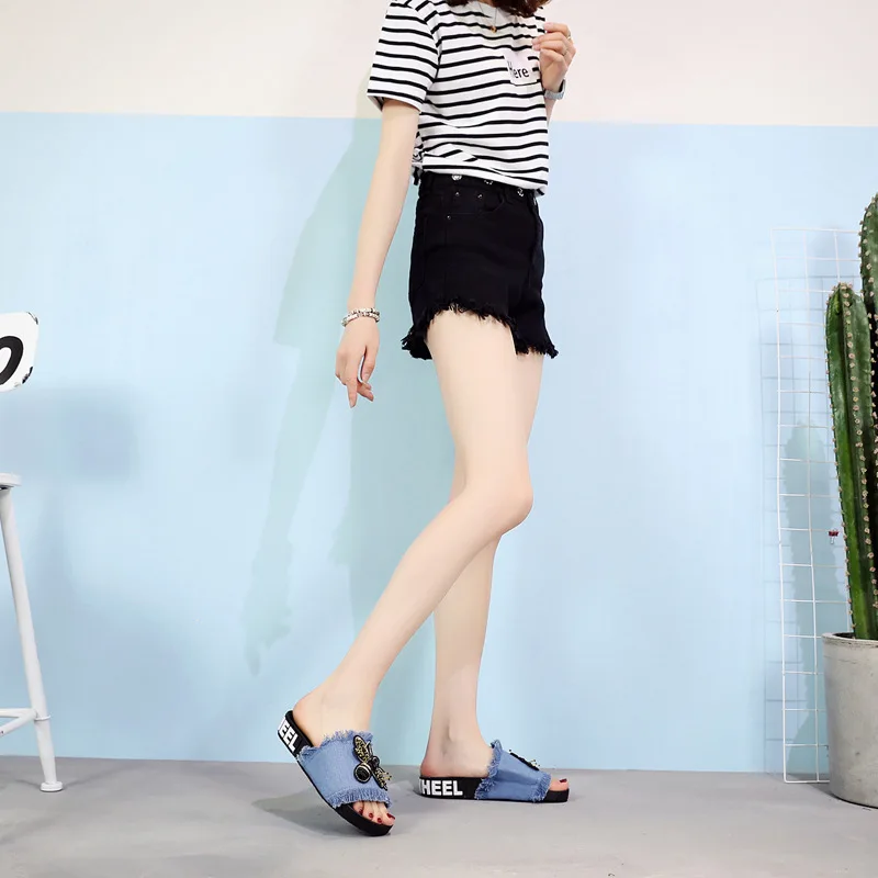 Sandalia feminina; Модные женские домашние тапочки из джинсовой ткани; sapato feminino chaussures femme; пляжные вьетнамки на платформе; c575