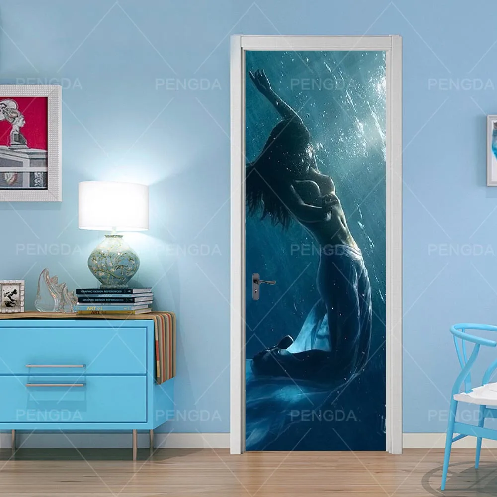 Картина 3D наклейка на дверь DIY домашний декор принт русалки художественные наклейки с рисунками самоклеющиеся водонепроницаемые фрески для ремонта спальни - Цвет: Door YXCV2501-01