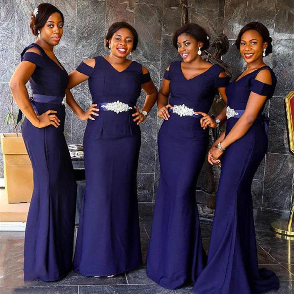 

Navy Blue Mermaid Wedding Guest Dresses With Crystal Sash Elastic Satin Long Bridesmaid Dress Cheap Wedding Party Gowns 2019 New