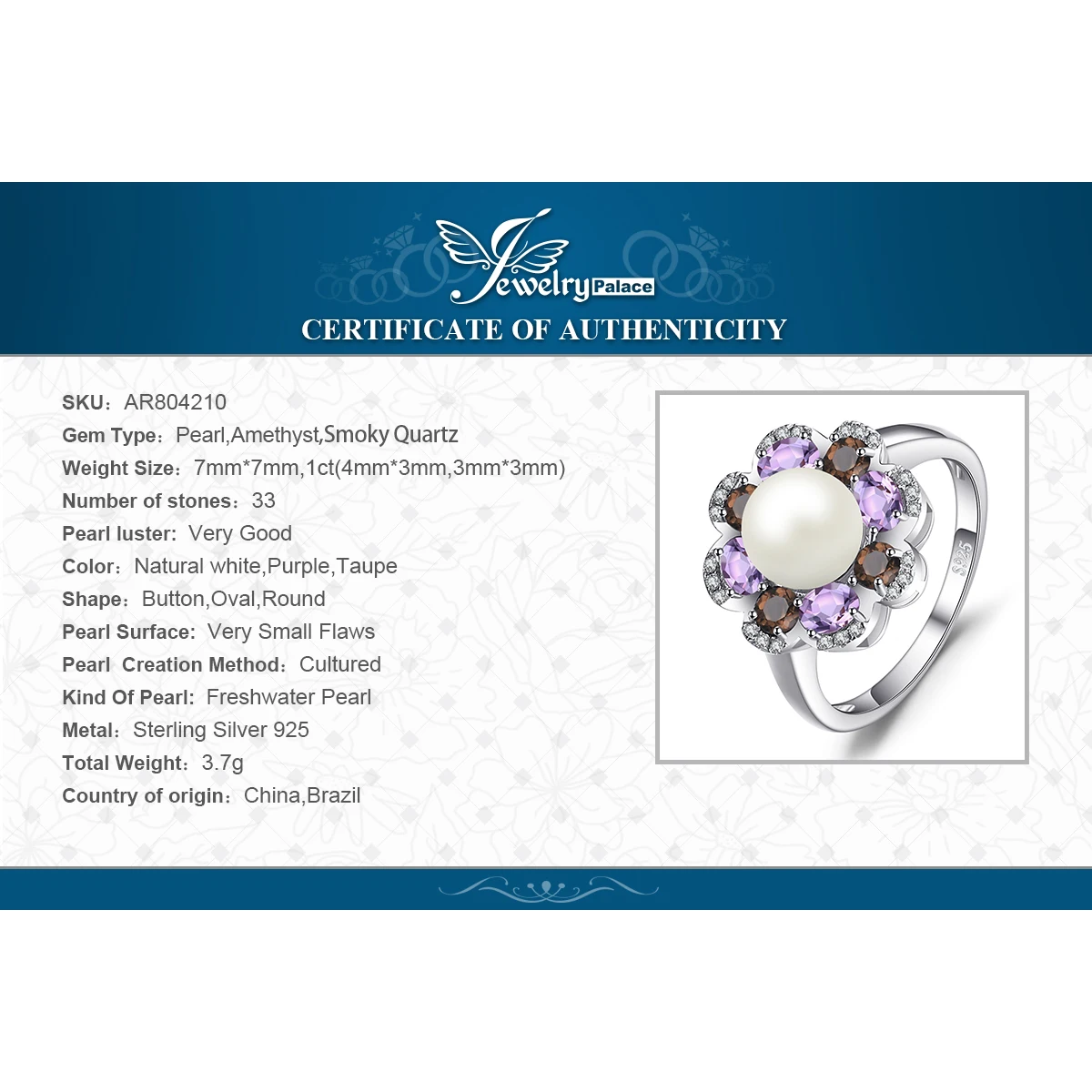 Jewelrypalace 7 мм культивированный жемчуг 1ct подлинная дымчатый кварц аметист кластера Кольца 925 серебро Красивые ювелирные изделия для Для женщин подарок