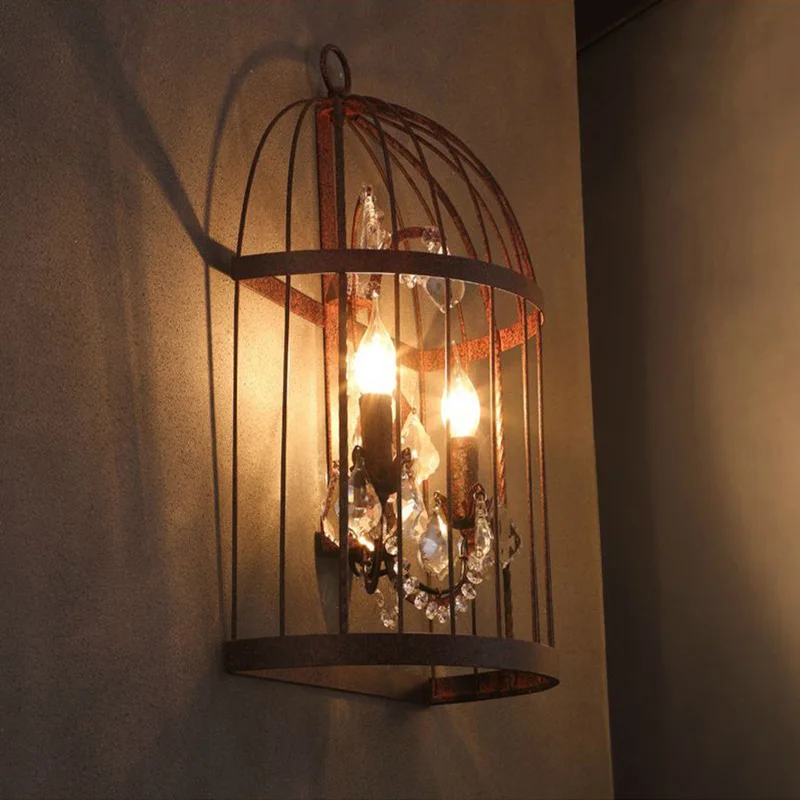 

European Style Retro Industrial Classical Birdcage Crystal Creative Wall Lamp 2 Lights For Cafe Bar Restaurant Living Room 1666