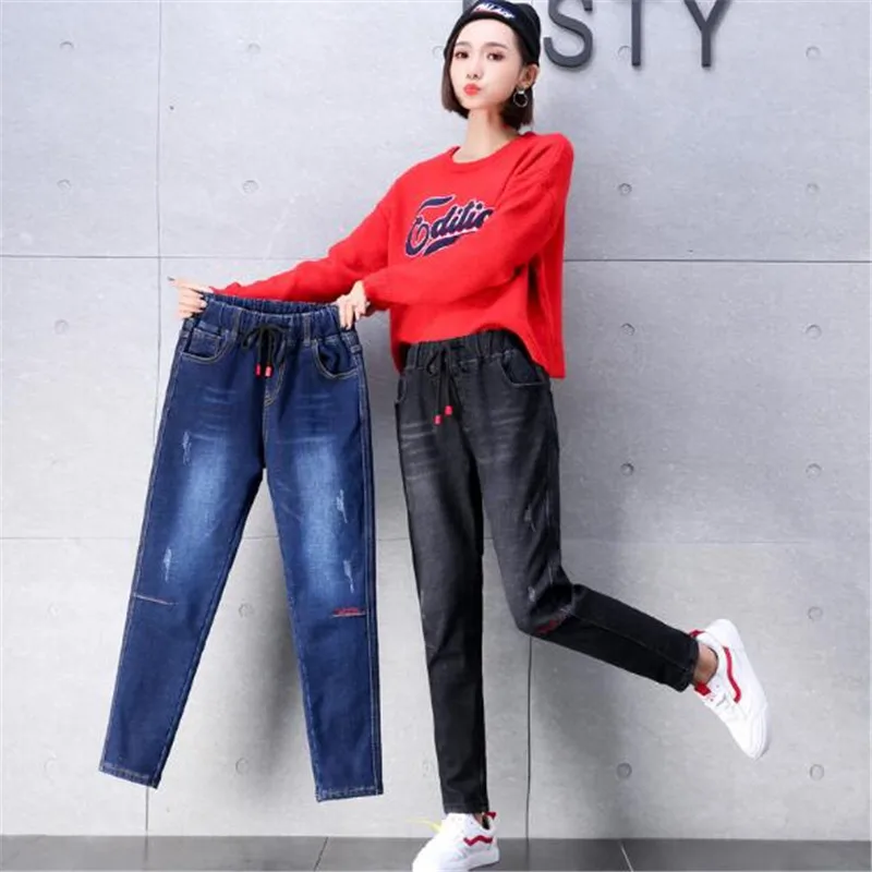 WKOUD Drawstring High Waist Jeans For Women New Spring Solid Hole Scratched Denim Pencil Pants Casual Regular Jean P8839 | Женская