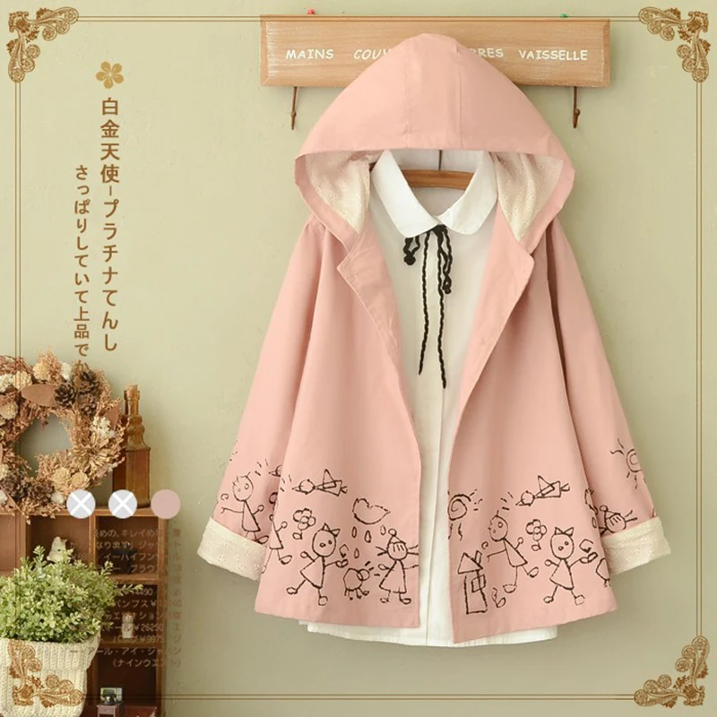 

Spring Autumn Cute Graffiti Print Hooded Jacket Women Japanese Loose Cotton Single-breasted Wide Waisted Jackets Coats T225