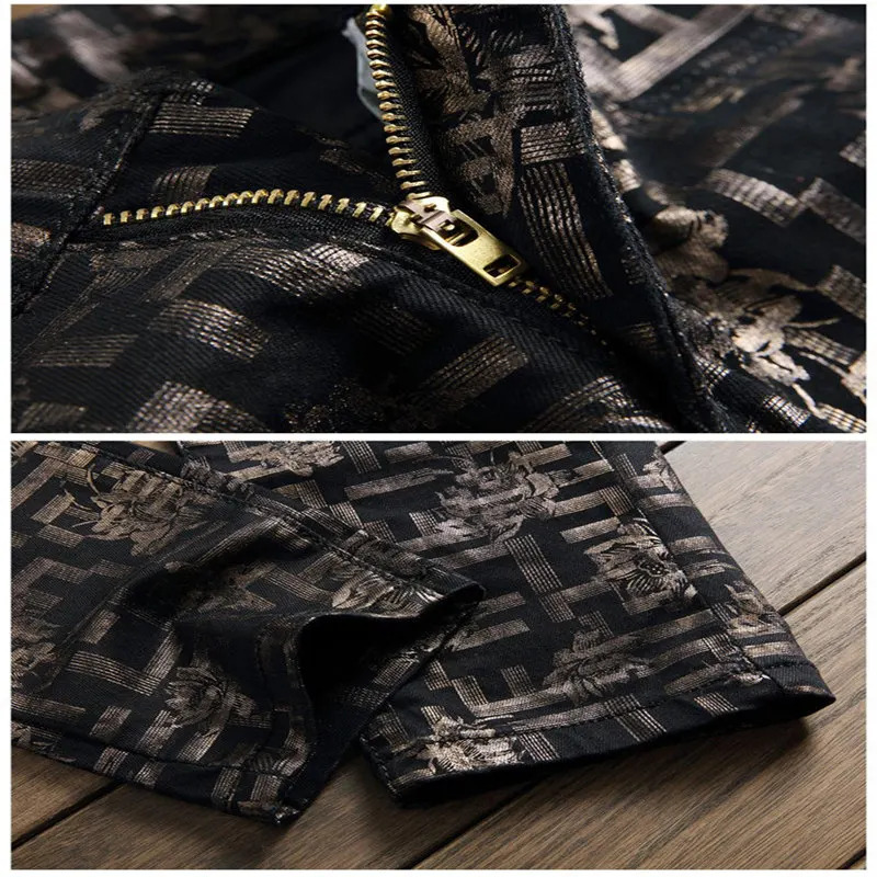 Men's fashion flower print jeans Male casual black denim pants Long trousers | Мужская одежда