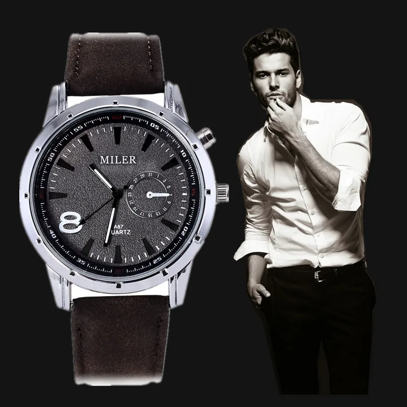 Мужские часы из искусственной кожи спортивные кварцевые с круглым