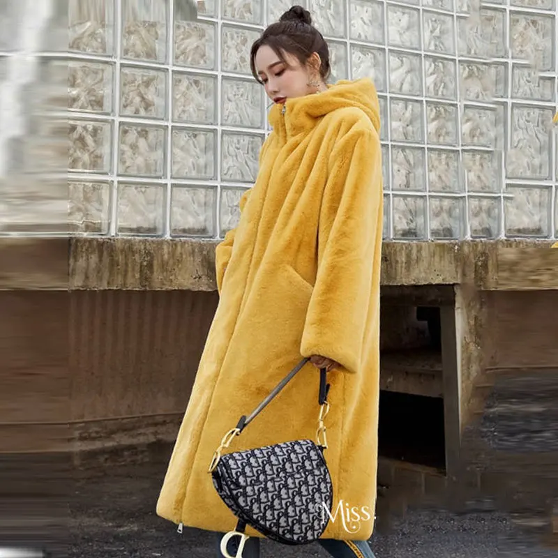 yellow Зимнее женское плотное теплое пальто с капюшоном из искусственного меха норки пальто свободного размера плюс длинное пальто из искусственного меха Верхняя одежда 354 - Цвет: yellow