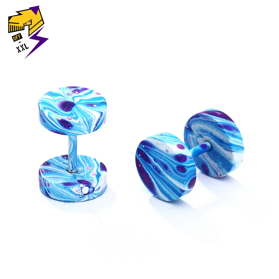 

1pcs Blue Camouflage Pattern Barbell Stud Earrings Men Women Stainless Steel Hip Hop Rock Round Dumbbells Screw Earings Jewelry