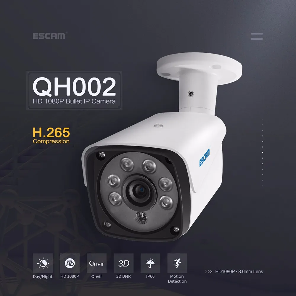 ESCAM QH002 HD 1080P IP камера Onvif H.265 P2P наружная IP66 Водонепроницаемая IR Bullet с функцией