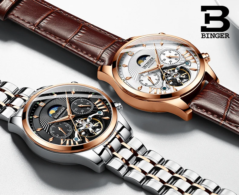 Switzerland BINGER автоматические механические часы Tourbillion мужские часы лучший бренд класса люкс Натуральная кожа водонепроницаемые часы relogio