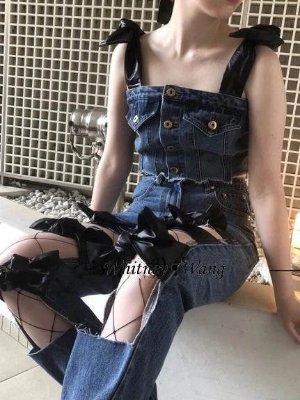 Женские джинсы с дырками WHITNEY WANG стильные бантиком большие размеры 5XL лето 2019 |