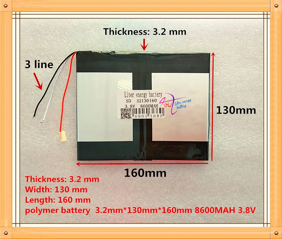 Batería de polímero de iones de litio para tableta, 32130160, 8600mah, 3,8 V, 3 líneas